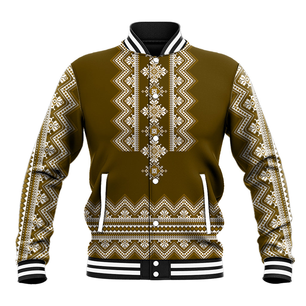 Folk pattern varsity baseball jacket with zip front, ribbed collar and striped cuffs