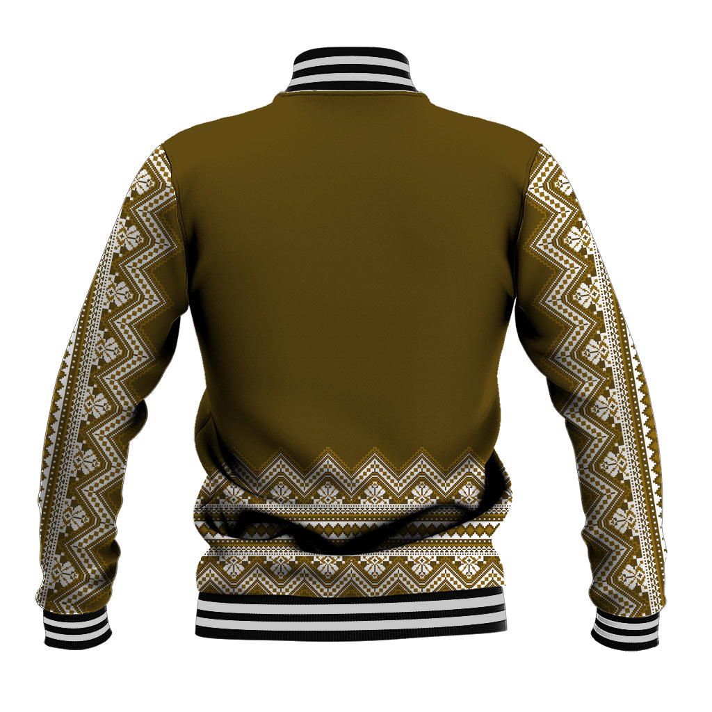 Back view folk pattern varsity baseball jacket with ribbed collar and striped hem