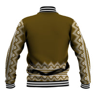 Back view folk pattern varsity baseball jacket with ribbed collar and striped hem