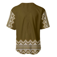 Brown folk-pattern baseball jersey back view with white geometric hem band