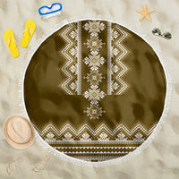 Brown round beach blanket with white folk pattern and tassel fringe edge