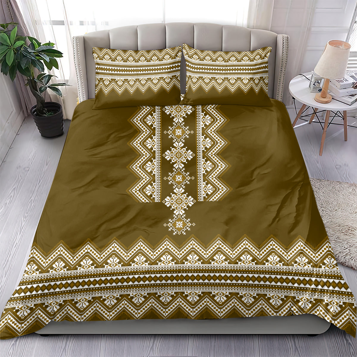 Brown folk patterned bedding set with white zigzag border and two matching pillowcases