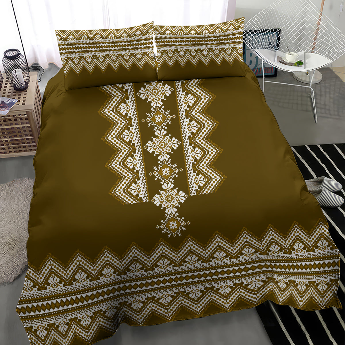 Brown folk patterned duvet with vertical white medallion and matching pillowcases