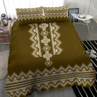 Brown folk patterned duvet with vertical white medallion and matching pillowcases