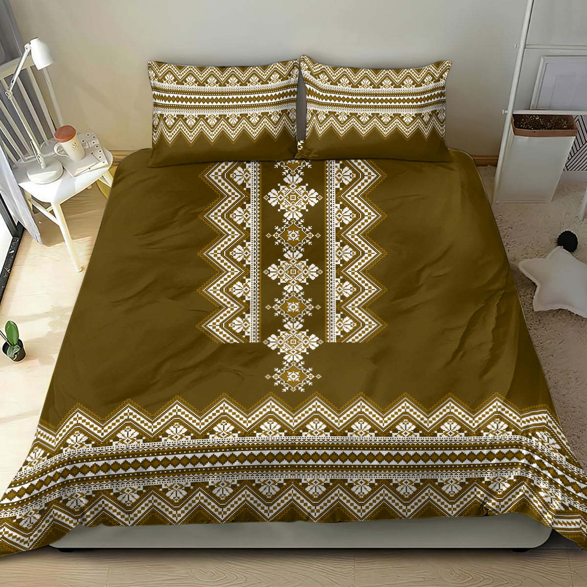 Brown folk patterned bedding set with white zigzag hem and two matching pillowcases