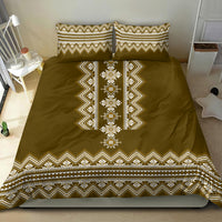 Brown folk patterned bedding set with white zigzag hem and two matching pillowcases