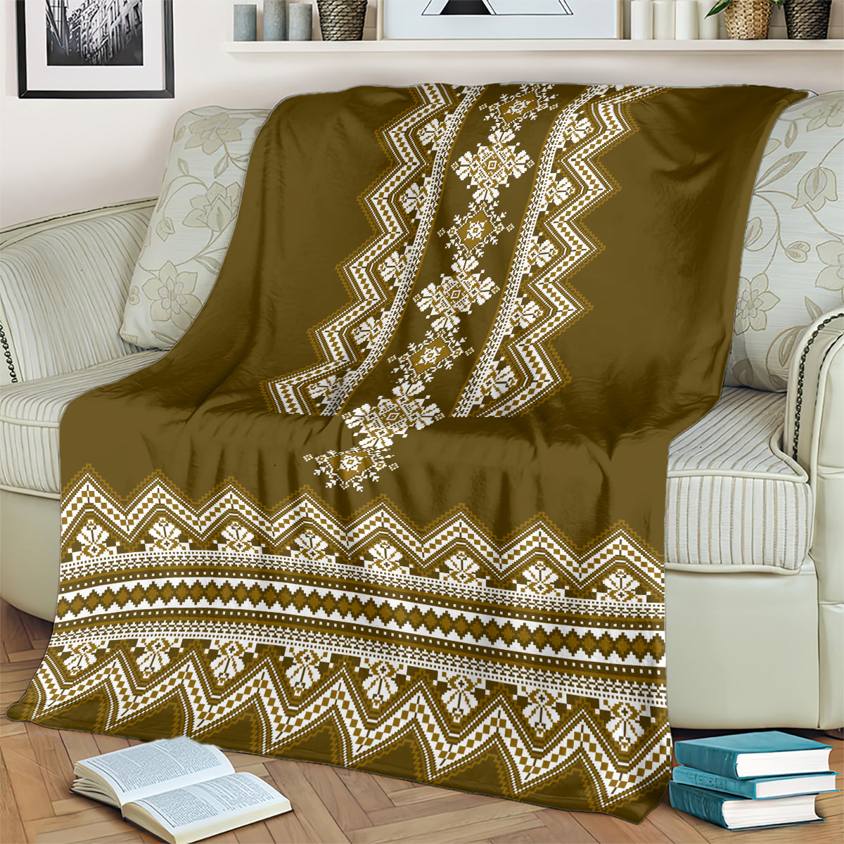 Brown folk geometric throw blanket with vertical diamond motif and patterned zigzag hem