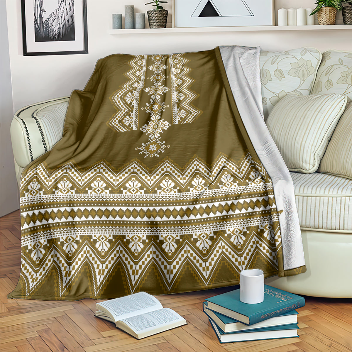 Brown folk geometric throw blanket with central medallion and white zigzag border
