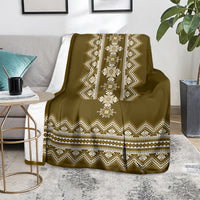 Brown folk geometric throw blanket with ornate vertical motif and horizontal zigzag bands