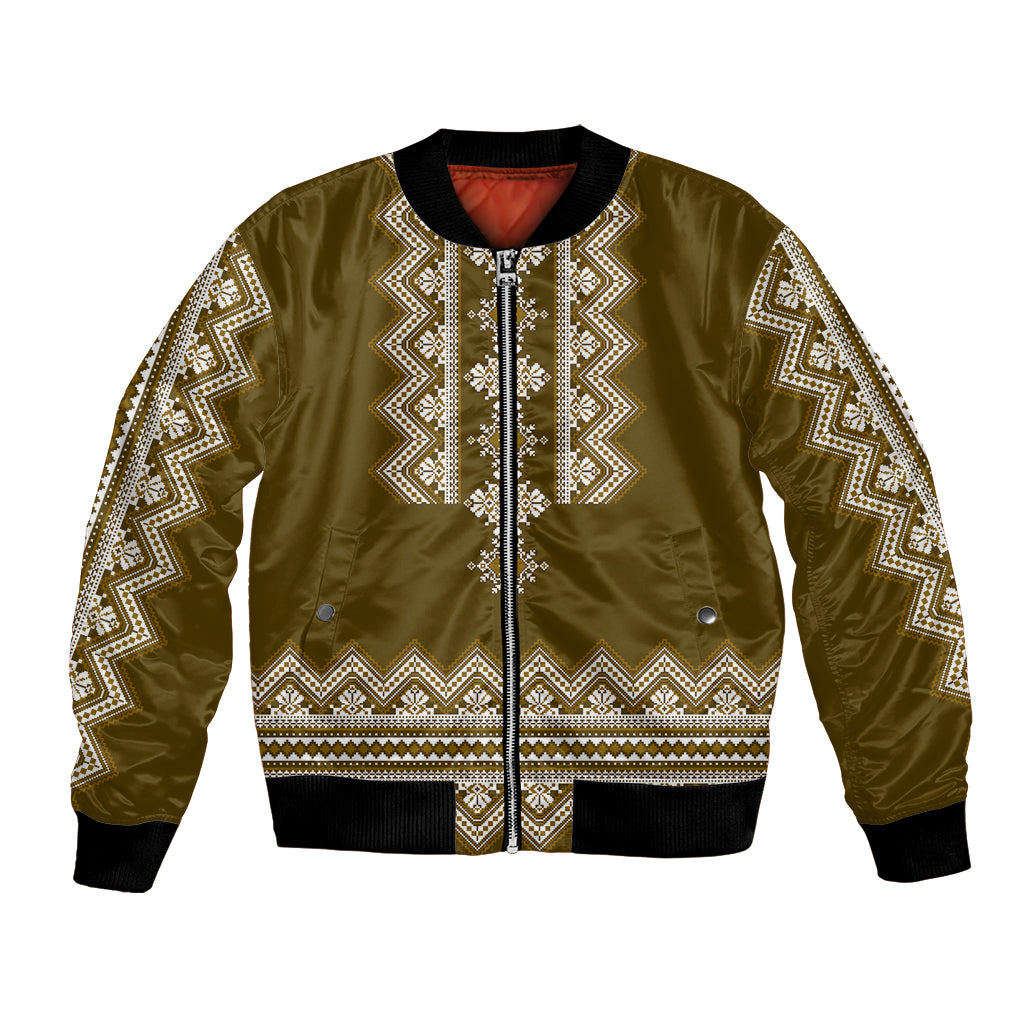 Ukraine Folk Pattern Bomber Jacket Ukrainian Wood Brown Version - Wonder Print Shop