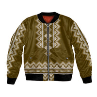 Unisex folk-pattern bomber jacket, olive-brown with white and gold geometric trim