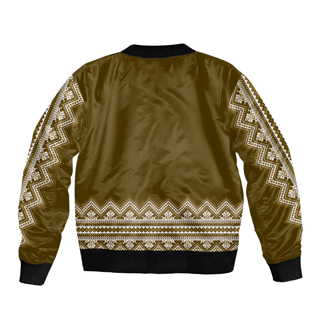 Unisex folk-pattern bomber jacket, olive-brown back with geometric band and zigzag