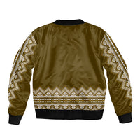 Unisex folk-pattern bomber jacket, olive-brown back with geometric band and zigzag