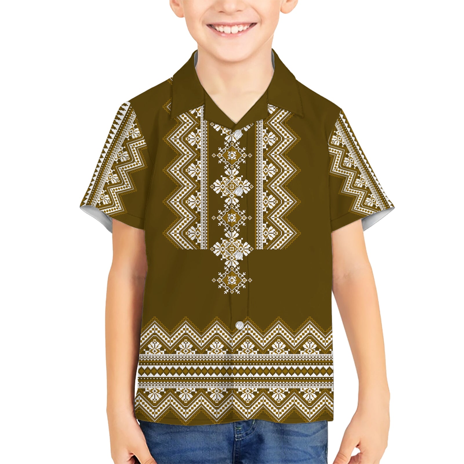 Ukraine Folk Pattern Kid Hawaiian Shirt Ukrainian Wood Brown Version - Wonder Print Shop