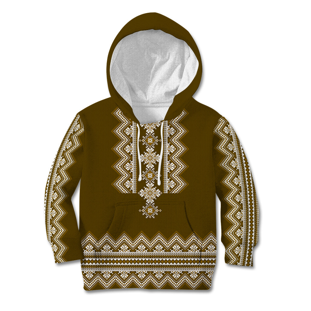 Ukraine Folk Pattern Kid Hoodie Ukrainian Wood Brown Version - Wonder Print Shop