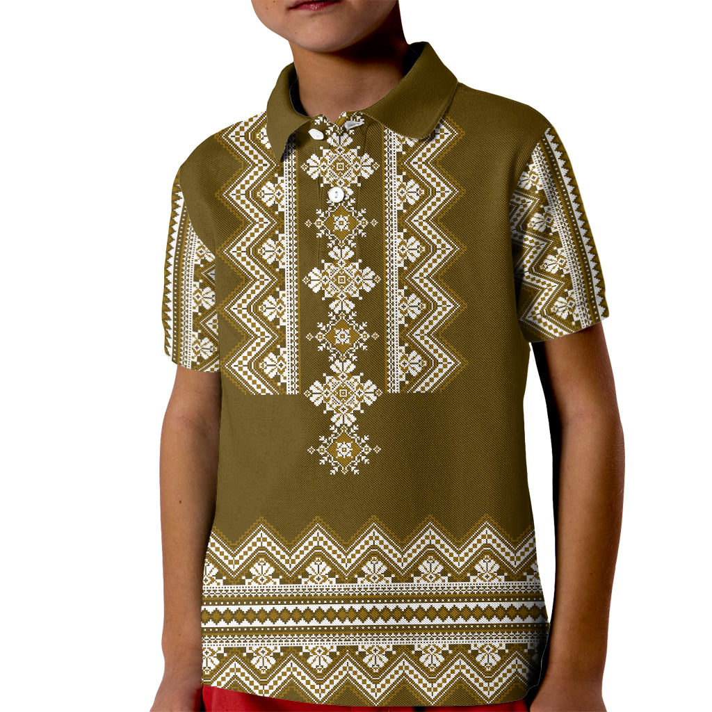 Ukraine Folk Pattern Kid Polo Shirt Ukrainian Wood Brown Version - Wonder Print Shop