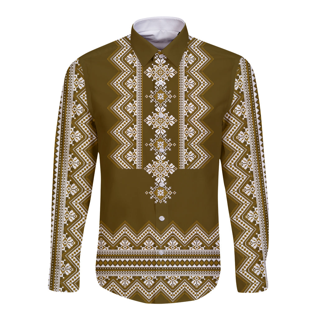 Ukraine Folk Pattern Long Sleeve Button Shirt Ukrainian Wood Brown Version - Wonder Print Shop