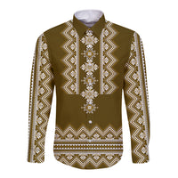 Brown folk long-sleeve button shirt with white geometric pattern, front
