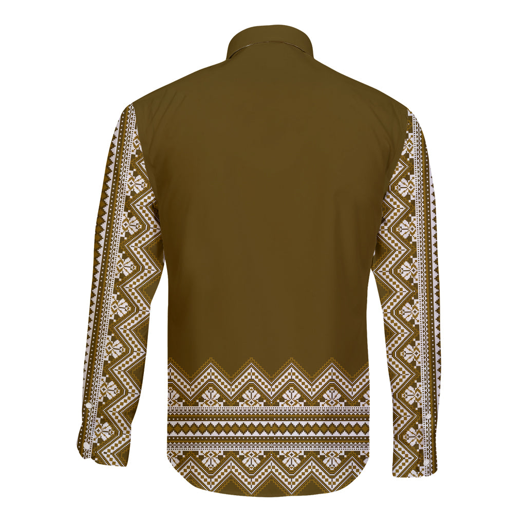 Brown folk long-sleeve button shirt with white geometric pattern, back