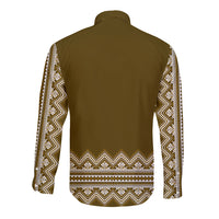 Brown folk long-sleeve button shirt with white geometric pattern, back