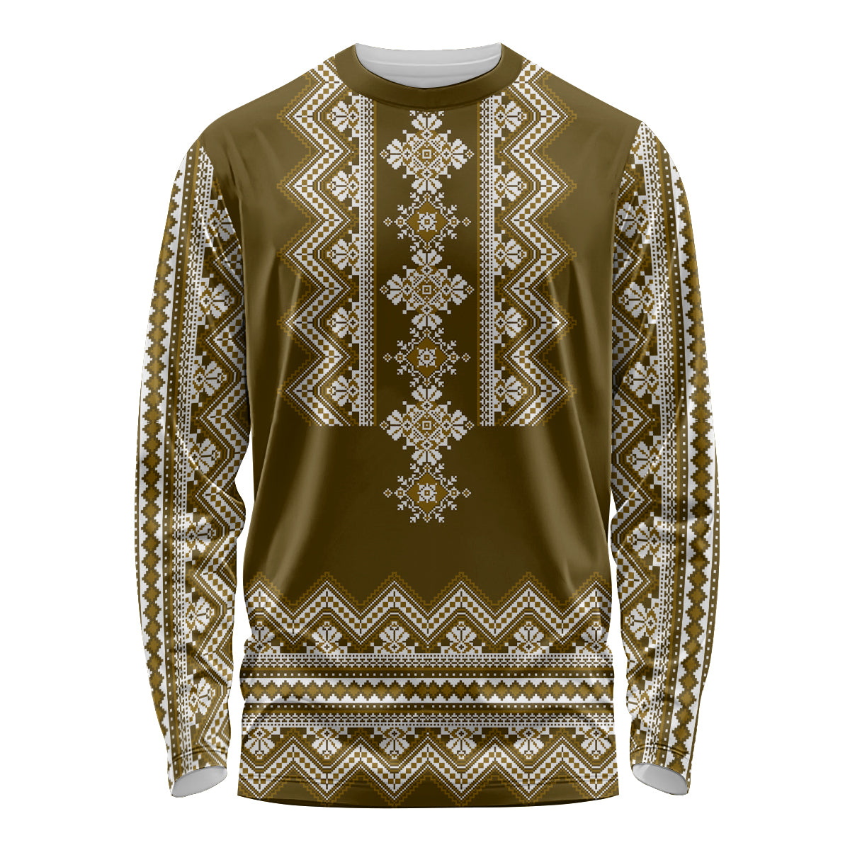 Ukraine Folk Pattern Long Sleeve Shirt Ukrainian Wood Brown Version - Wonder Print Shop