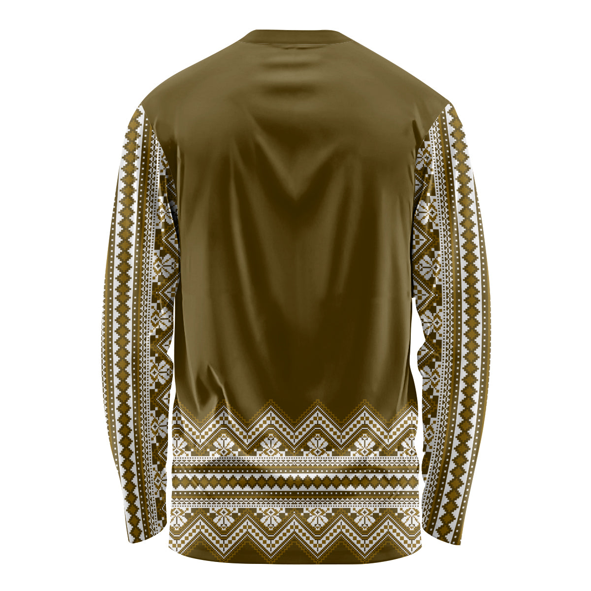 Unisex long sleeve folk pattern shirt, dark brown back with white geometric trim