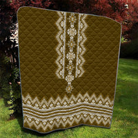 Brown quilt blanket with diamond quilting and vertical white folk embroidery stripe