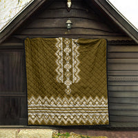 Brown quilt displayed on wall with centered white folk stripe and zigzag hem