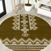 Brown round folk pattern carpet with white geometric border and center stripe