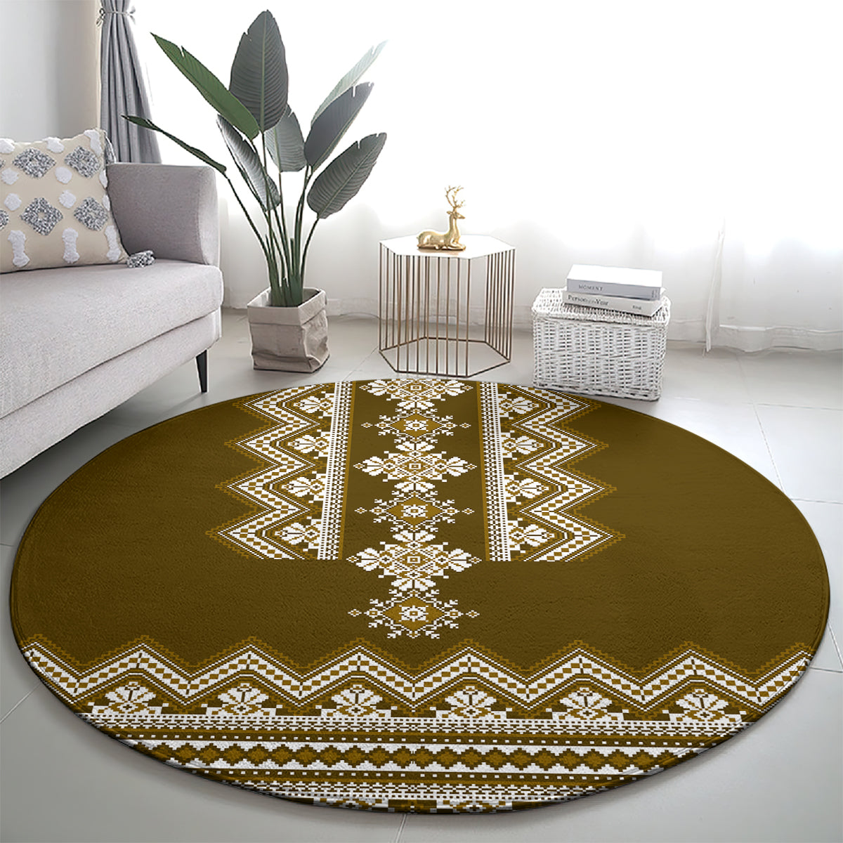Brown round folk pattern carpet with wide white border and diamond center motif