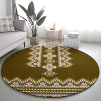 Brown round folk pattern carpet with wide white border and diamond center motif