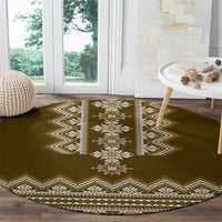 Brown round folk pattern carpet with diamond medallion and zigzag trim