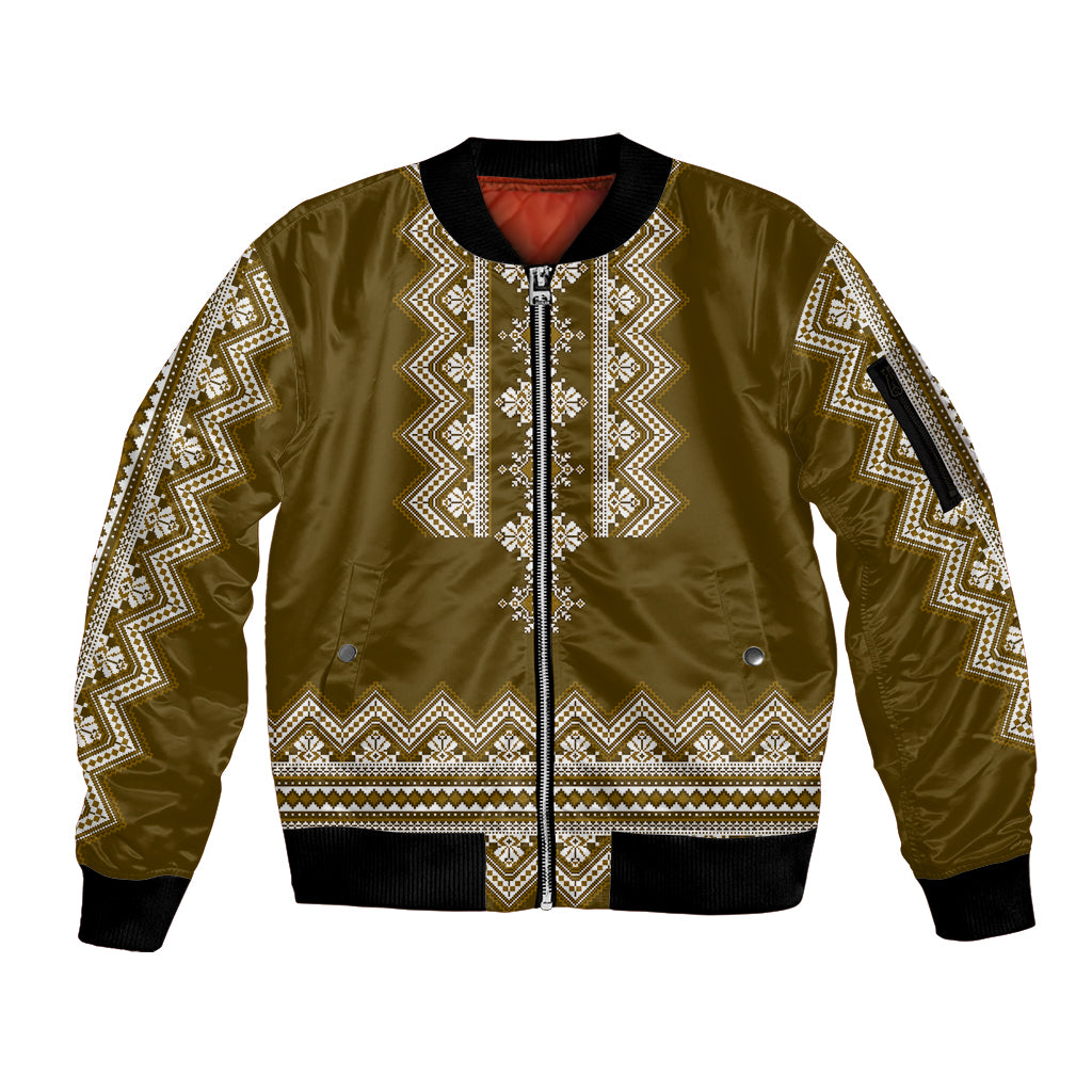 Ukraine Folk Pattern Sleeve Zip Bomber Jacket Ukrainian Wood Brown Version - Wonder Print Shop