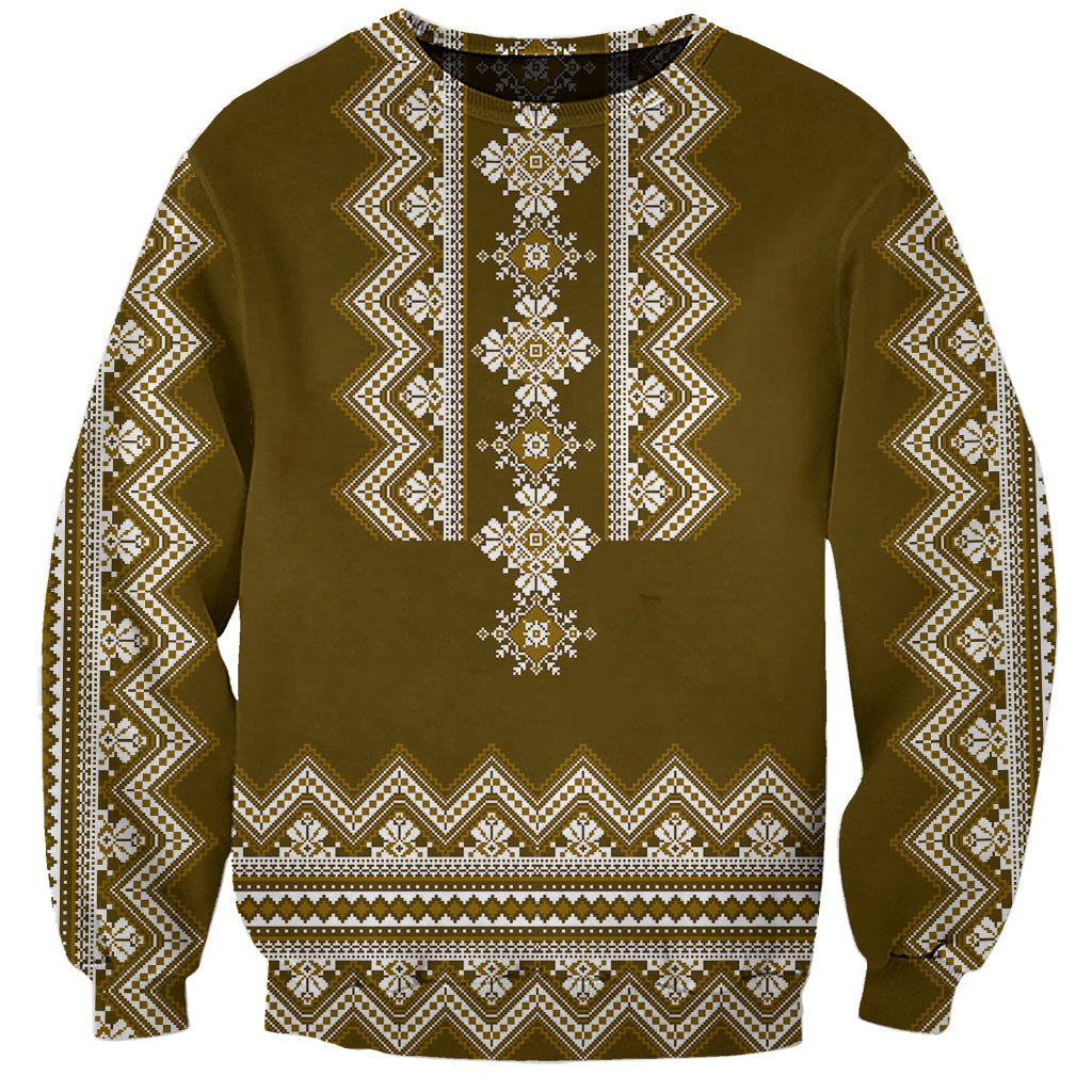 Unisex folk pattern sweatshirt, brown with white vertical trim and crew neck