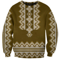 Unisex folk pattern sweatshirt, brown with white vertical trim and crew neck