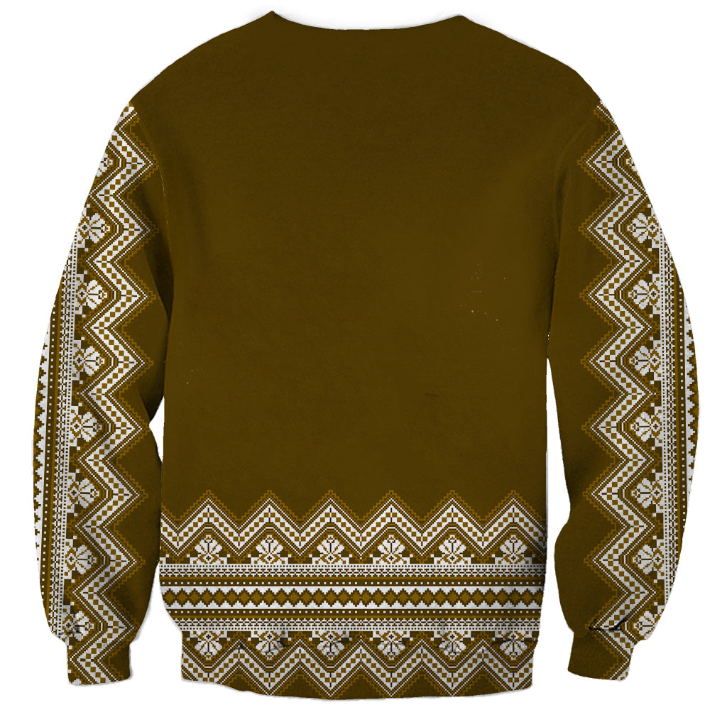 Unisex folk pattern sweatshirt, brown back with patterned hem and crew neck