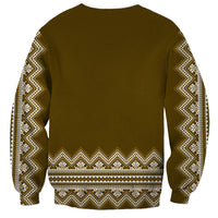 Unisex folk pattern sweatshirt, brown back with patterned hem and crew neck