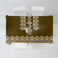 Wood-brown tablecloth with cream Ukrainian geometric border and central floral motif