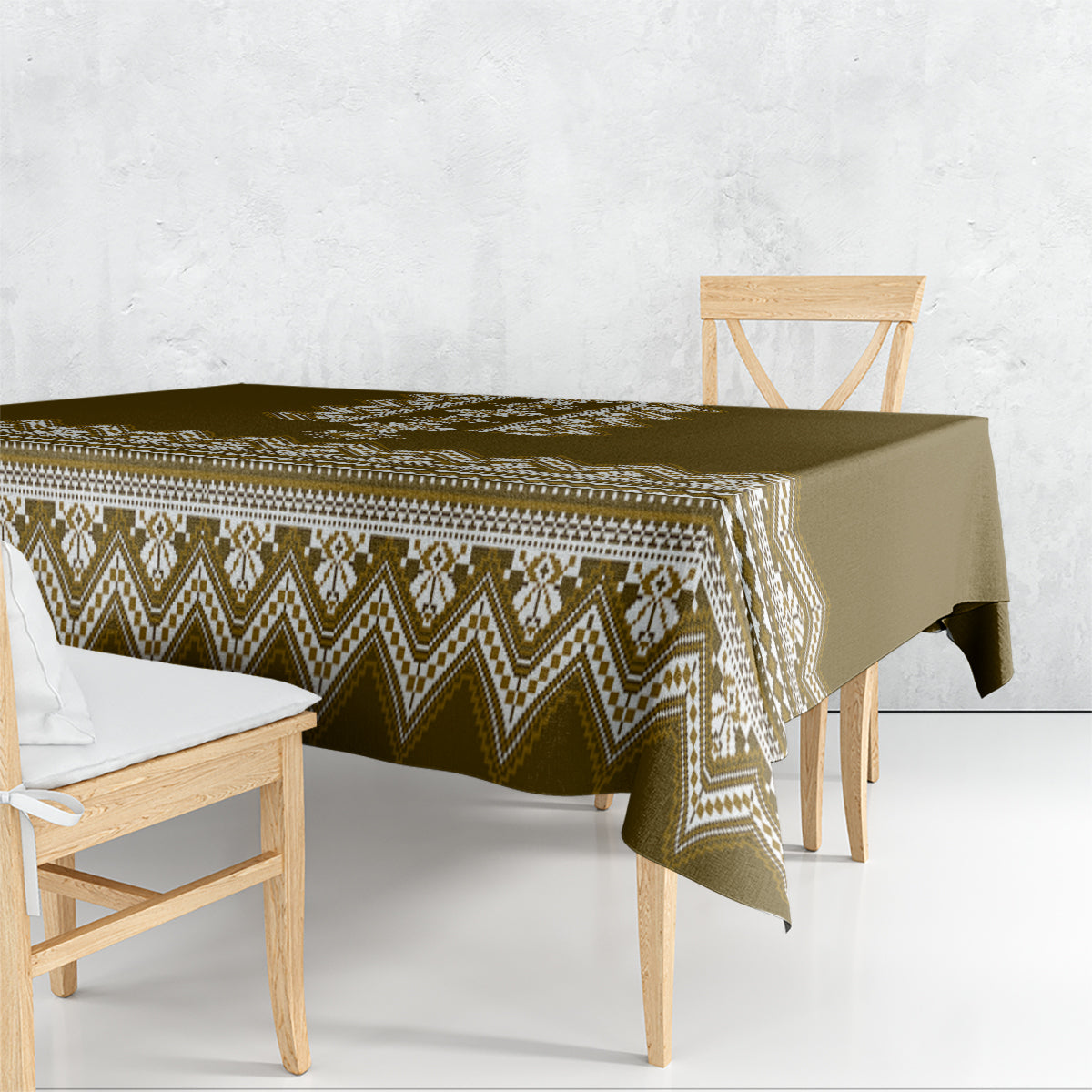 Wood-brown tablecloth with zigzag geometric pattern and cream trim on the corner