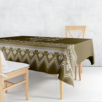 Wood-brown tablecloth with zigzag geometric pattern and cream trim on the corner