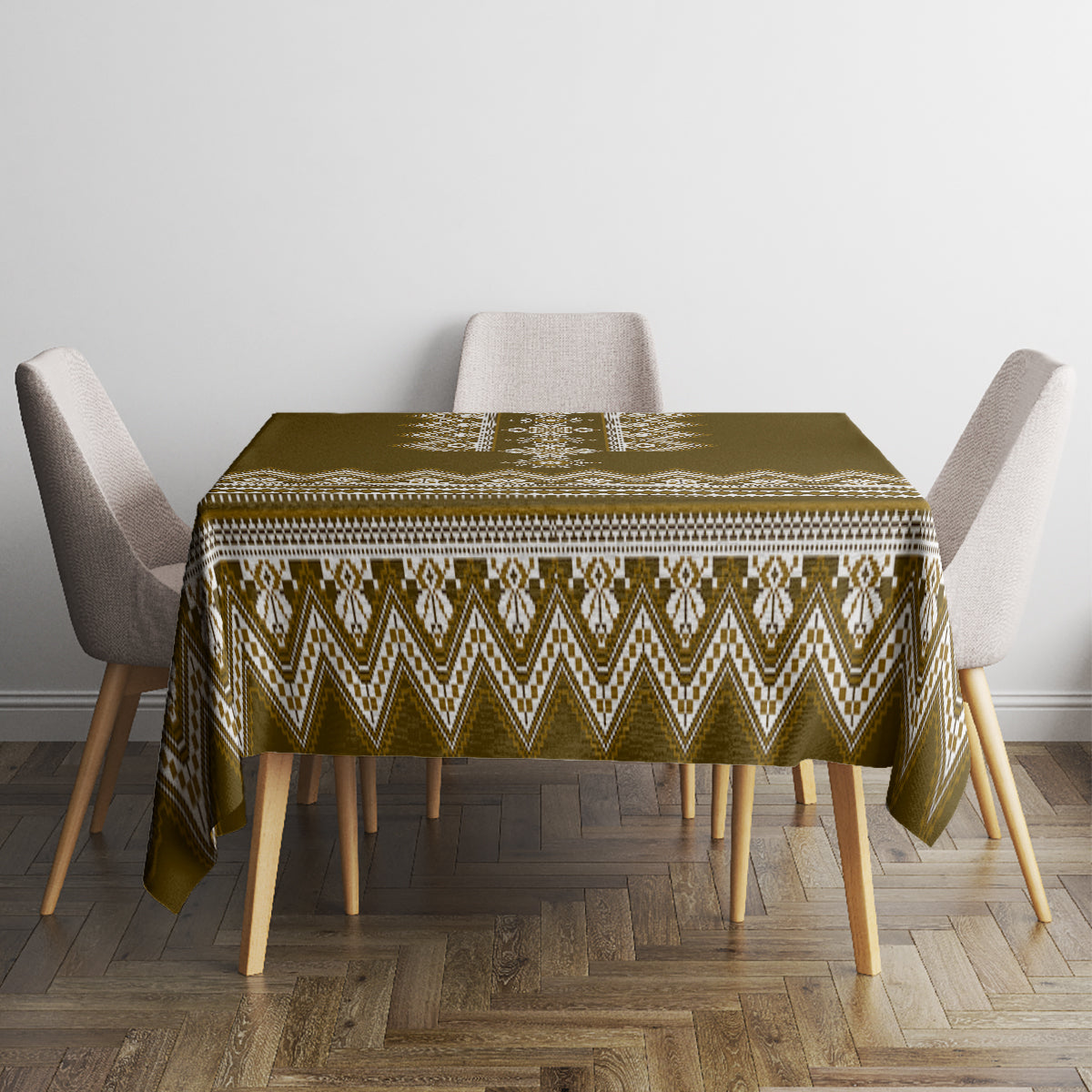 Wood-brown tablecloth with cream geometric bands and centered top pattern