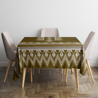 Wood-brown tablecloth with cream geometric bands and centered top pattern