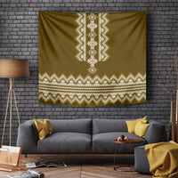 Olive-brown folk tapestry with white and gold vertical geometric center panel