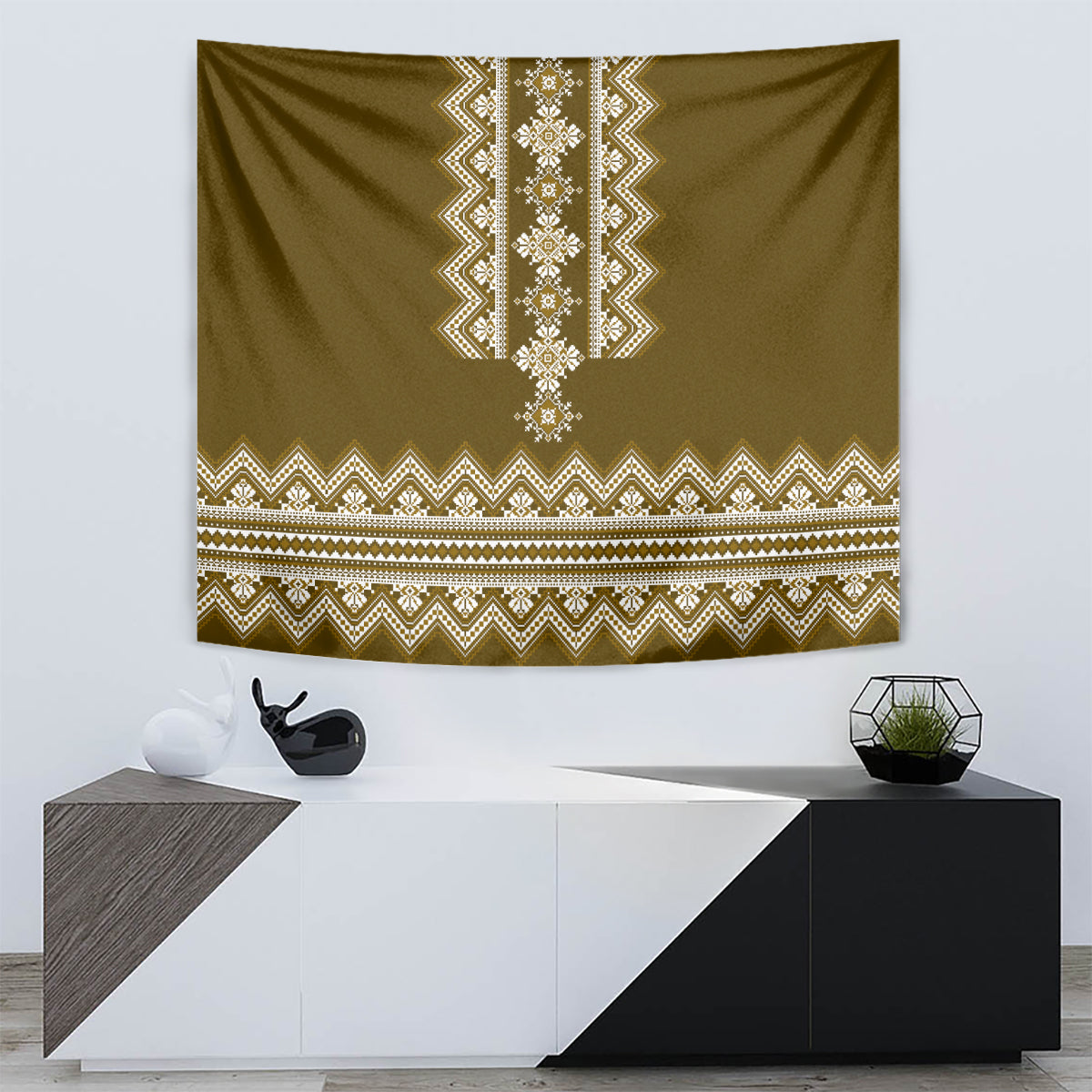 Olive-brown folk tapestry with ornate white and gold embroidered-style stripes