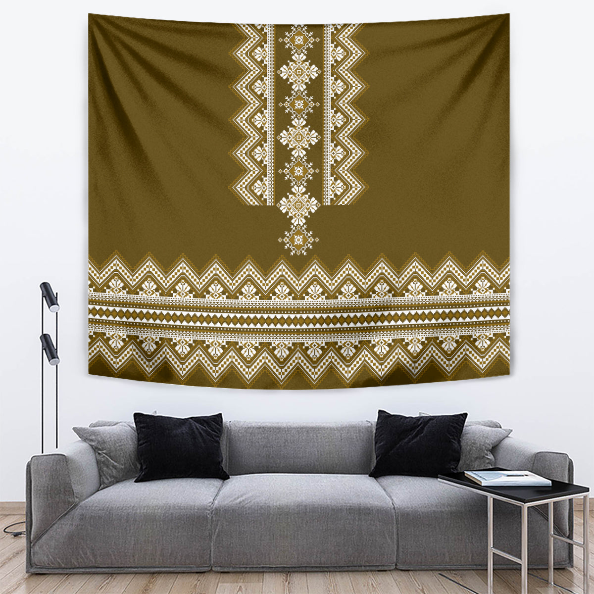 Olive-brown folk tapestry with white and gold zigzag border and center motif
