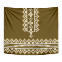 Square olive-brown folk tapestry with white and gold central geometric medallion