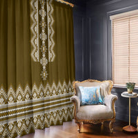 Dark brown/olive folk window curtains with embroidered-style vertical panel and border