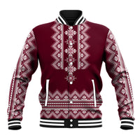 Unisex wine-red folk-pattern baseball jacket with ribbed black collar and button placket