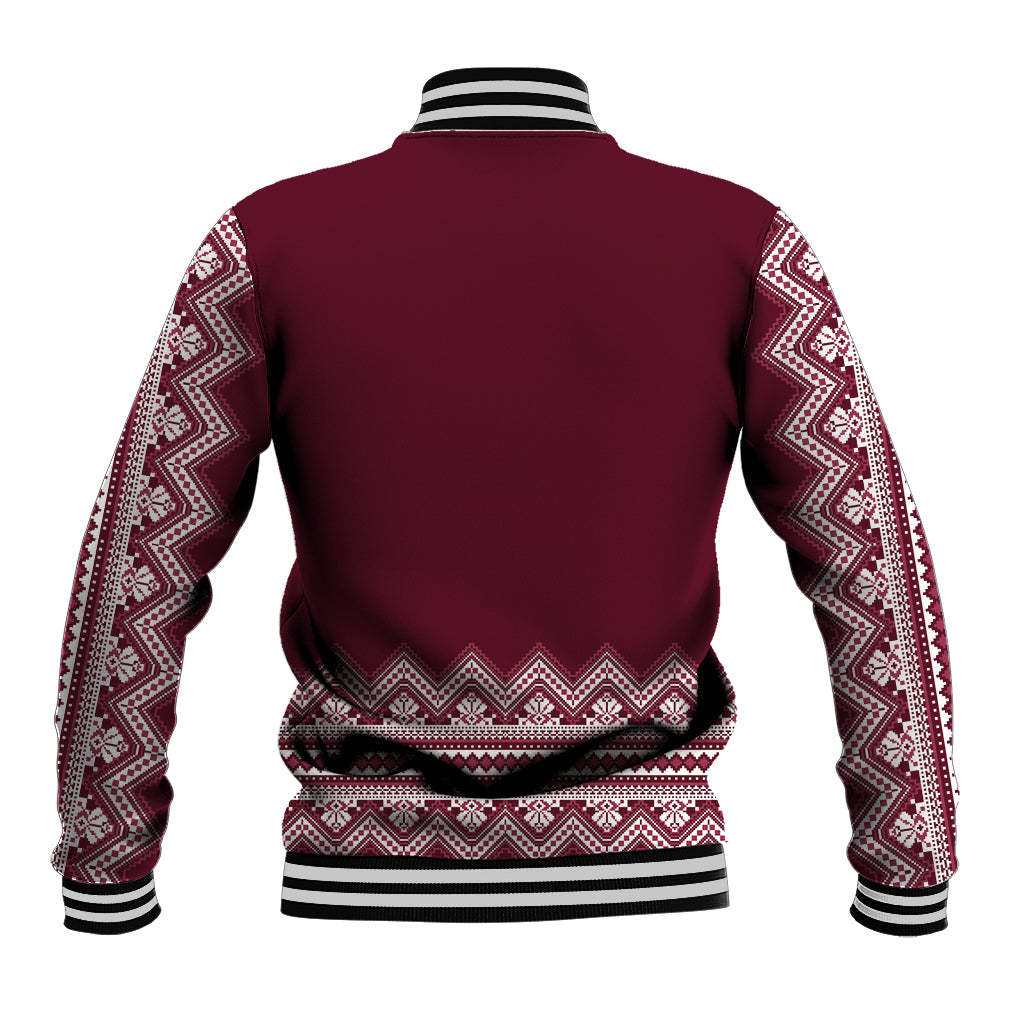 Unisex wine-red folk-pattern baseball jacket, back view with ribbed black cuffs and hem