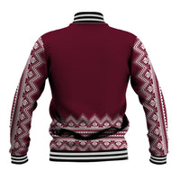 Unisex wine-red folk-pattern baseball jacket, back view with ribbed black cuffs and hem